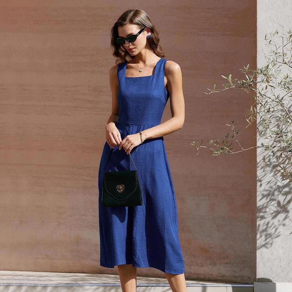 RIHOAS Blue Square Neck Pleated Sleeveless Midi Dress XS